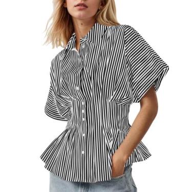 Imagem de Camisa feminina Soamat listrada com botões e manga curta preta