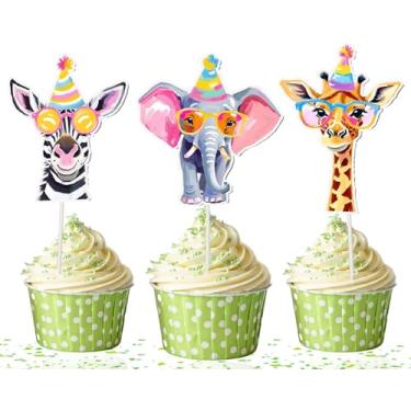 Imagem de Jungle Animal Cupcake Toppers – 10 PCS Safari Birthday Party Decorations with Cute Animals in Party Hats – Wild One Theme for Kids Baby Shower, Zoo Animal Cupcake Picks