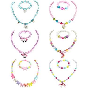 Imagem de SOTOGO 6 conjuntos de pulseiras de colar de princesa menina com pingentes coloridos colar infantil contas pulseira elástica grossa bijuteria brinquedo presente