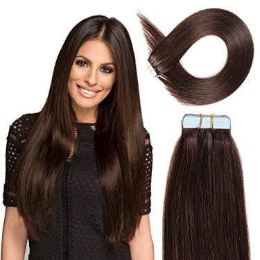 Imagem de Extensões de cabelo humano com fita adesiva, 50,8 cm fita em 50 g/pacote 20 peças de trama de pele sem costura Remy cabelo liso 2# marrom escuro
