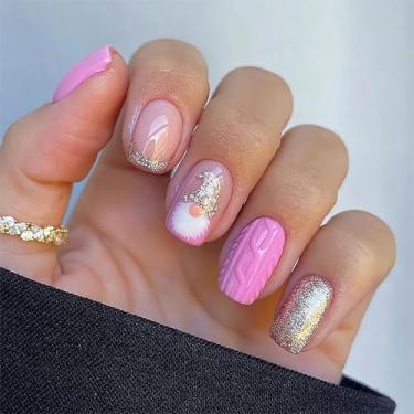 Imagem de RTKHFZE Pregos quadrados curtos rosa e prata com pontas francesas, unhas falsas 3D com padrão anão