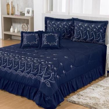 Imagem de Kit Cobre Leito Casal Queen Desejos 07 Peças Bordado Colcha AZUL MARIN