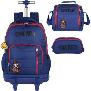Imagem de Mochila Infantil Rodinhas One Piece com Lancheira e Estojo Triplo Azul