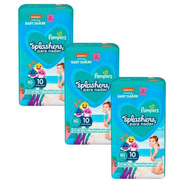 Imagem de Kit 3 Fralda Pampers Splashers para Nadar Baby Shark XG com 10 Unidades Descartáveis