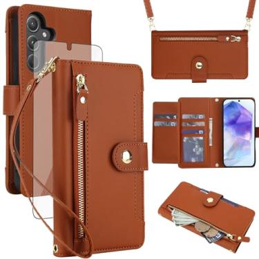 Imagem de Asuwish Capa de celular para Samsung Galaxy A55 5G com zíper carteira, com protetor de tela de vidro temperado e alça de pulso transversal, suporte para cartão de crédito A 55 55A A555G mulheres