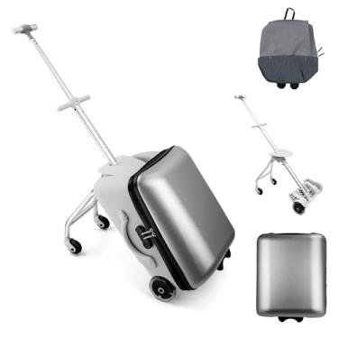 Imagem de MAKELEN Mala de viagem infantil com rodas extensíveis e mochila removível – Bagagem de mão rígida leve com banco embutido, mala infantil divertida para meninos e meninas, Prata, 23x15x10