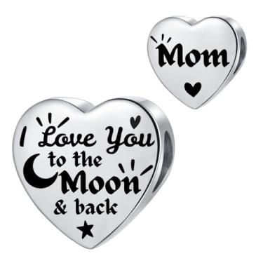 Imagem de MiiFort Pulseira feminina de aço inoxidável com pingente de coração de prata Mom com pingente Pandora I Love You to the Moon and Back Birthday