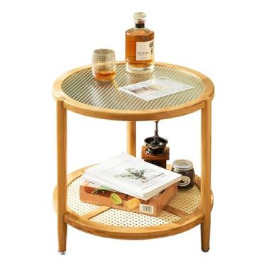 Imagem de Mesa lateral minimalista redonda mesa de café chá sala de estar casa pequena madeira maciça varanda quarto vidro para sentar