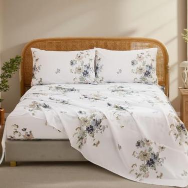 Imagem de Cozaline Jogo de cama Queen 100% algodão – Jogo de cama floral vintage chique e vintage, tecido percal macio e respirável, lençol com elástico alto 44,5 cm, sensação fresca, elegância botânica