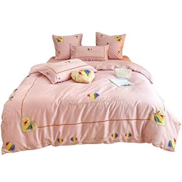 Imagem de Jogo de quatro peças bordado amor estilo princesa de algodão de fibra longa conjunto de quatro peças menina coração laço puro algodão capa de edredom (cor: rosa terno de 7 peças, tamanho: 2 m) (rosa 6