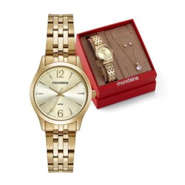 Imagem de Kit Relógio Feminino Mondaine Classic Dourado À Prova D'Água 50M 32606