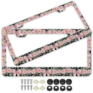 Imagem de 2 molduras personalizadas para placa de carro com laço rosa rosa - suportes coloridos de etiqueta de carro de aço inoxidável com parafusos, ajuste universal para placas dos EUA e Canadá de 30 x 15 cm