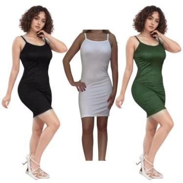 Imagem de KIT C/3 Vestidos Alcinha Canelado - Emporio J, Preto, Branco, Militar,