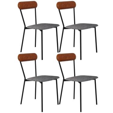 Imagem de Kit 04 Cadeiras Estofada Para Sala de Jantar Liora Preto C01 Linho Prata Courino Caramelo - Lyam Decor