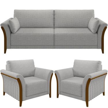 Imagem de Kit Sofá 02 Lugares Sala Estar 162cm Com 02 Poltronas Stefan Pés Madeira M03 Linho Cinza - Lyam Decor