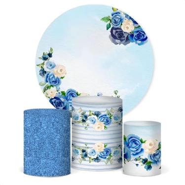 Imagem de Painel De Festa E Capa Cilindro Decoração Sublima Floral Azu