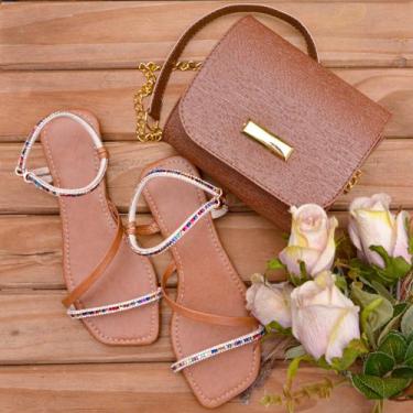 Imagem de Valentina Rosa Kit Sandália Rasteira de brilho strass e Bolsa Clutch m