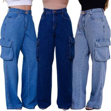 Imagem de Kit Jeans de 3 Calças Wide Leg Feminina Premium de Bolso Mochila New -