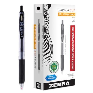 Imagem de Zebra Pen Caneta de gel retrátil Sarasa Clip, ponta fina, 0,5 mm, tinta preta, pacote com 12