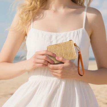 Imagem de Bolsa clutch de palha para mulheres, bolsa de praia tecida, carteira de tecido de verão para viagem, casamento, festa na piscina, Caqui, Small