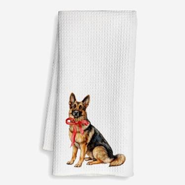 Imagem de Mancheng-zi Toalhas de cozinha de pastor alemão de Natal com laço vermelho Coquette, presentes de pastor alemão para mulheres, toalhas de prato de mão de cachorro GSD de Natal para cozinha e banheiro