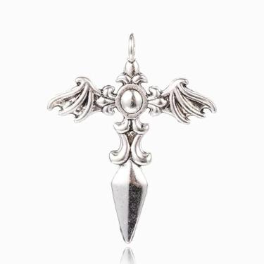 Imagem de 10 pingentes de espada de liga tibetana vintage prata antiga arma faca punhal amuletos com asas para fabricação de joias, 44 x 35 x 3 mm