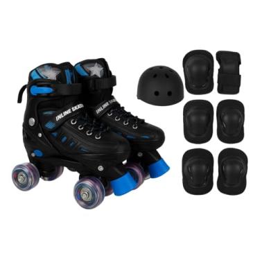 Imagem de Patins Quad Ajustáveis com Rodas LED, Kit Proteção Completo, Cadarço, Preto e Azul, Material Plástico Resistente, Unisex Juvenil, Rodas de Poliuretano 54mm (Preto, M - 32 a 35)