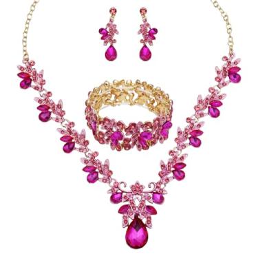 Imagem de Enrwin Colar com pingente de gota de cristal e flor de folha de casamento, brincos elásticos, conjunto de joias para mulheres, festa de casamento, formatura, Large, Cristal, Cristal