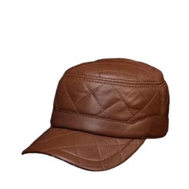 Imagem de Boné masculino de couro genuíno para uso ao ar livre quente bordado diamante xadrez lazer boné caminhoneiro marrom 56 60 cm