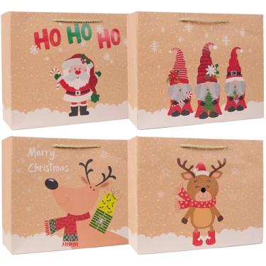 Imagem de Dimetey 8 unidades de sacos de presente de Natal Kraft de 30 cm com alças para presentes de Natal, saco reutilizável de embrulho de presente