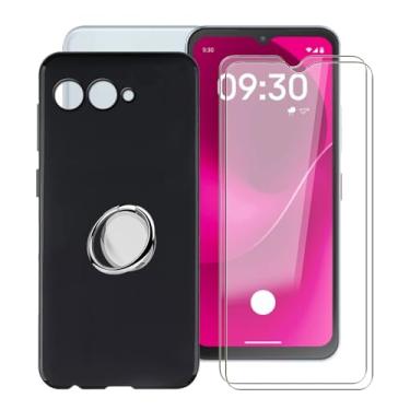 Imagem de YQINHHME Capa preta para T-Mobile REVVL 8 (6,6 polegadas) com 2 protetores de tela + suporte magnético de anel de 360°, capa protetora fina à prova de choque capa de telefone de silicone macio para