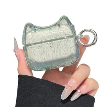 Imagem de Capa de fone de ouvido transparente brilhante super bonita com glitter para AirPods 4, linda capa de silicone TPU macio, capa protetora de orelha de gatinho - verde