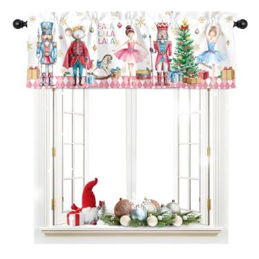 Imagem de Casuru Cortinas de cozinha de Natal, sanefas para janelas, quebra-nozes rosa, decorações de janela de Natal, laváveis, painel de bolso para varão, sanefa para quarto, sala de estar, 129,5 x 45,7 cm
