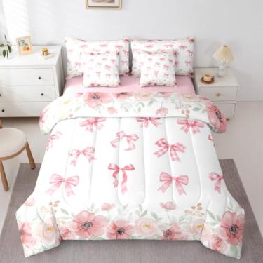 Imagem de Erosebridal Jogo de cama kawaii com laço rosa | Conjunto de cama com laço floral para meninas, conjunto de edredom com lençóis, 7 peças, decoração de quarto (casal)