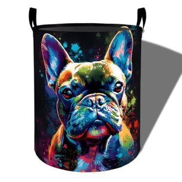 Imagem de amepay Cesta de roupa suja colorida neon buldogue, pano Oxford dobrável, cesto de roupas sujas à prova d'água com alças, organizador de brinquedos para banheiro, quarto, dormitório, 50 x 39,9 cm