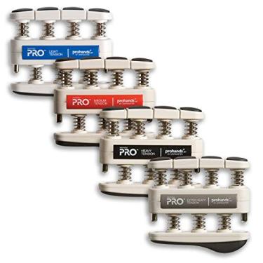 Imagem de Exercício manual Prohands, Exercício de dedo (fortalecedor de aderência de mão), acionamento por mola, sistema de pistão de dedo, isolar e exercitar cada dedo, Blue, Red, Black, Gray - Pro, Set of Four (Light/Medium/Heavy/Extra Heavy)