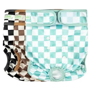 Imagem de wegreeco Fraldas laváveis para cães fêmeas altamente absorventes fraldas reutilizáveis para cães no período de calor, pacote com 3 (verde quadriculado, preto, café, GG)