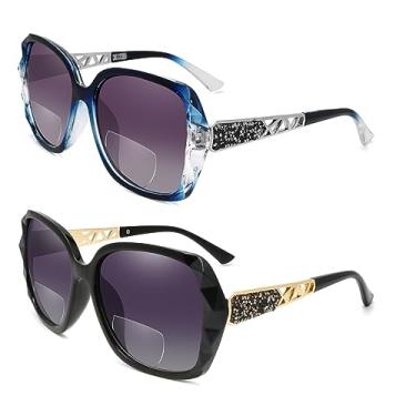 Imagem de HGIOOIGH Óculos de sol de leitura bifocais para mulheres, óculos de sol quadrados grandes, com armação brilhante, composto brilhante, 2 unidades + 1,0