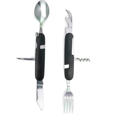 Imagem de Canivete Multifuncional 6 em 1, Aço Inoxidável, Dobrável, Garfo, Faca, Colher, Abridor, Saca-Rolhas, Cabo em Nylon, Azul e Prata, 26cm Aberto, com Bolsa