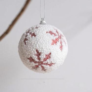Imagem de Enfeite de bola de neve de floco de neve de Natal 8 cm bola de espuma listrada pintada à mão para decoração de árvore de férias, peça de exibição de casa e escritório festiva branca