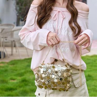 Imagem de Bolsa de mão feminina grande de lantejoulas para noite bolsa transversal com corrente de elos bolsa clutch glitter brilhante bolsa de formatura presente de festa de formatura, Dourado