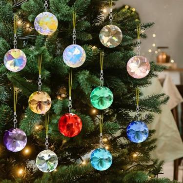 Imagem de JOHUNT Pacote com 12 enfeites de Natal de cristal multicolorido – Decorações de árvore de Natal de prisma redondo de 3 cm, enfeite de pendurar para férias, festa e decoração de casa