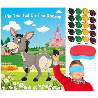 Imagem de Jogo Pin The Tail on The Burro para festa de aniversário infantil, atividades divertidas de carnaval na fazenda artesanato com adesivos de cauda e máscara de olhos, suprimentos de decoração de festa