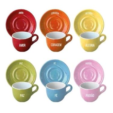 Imagem de Jogo 6 Xícaras 90mL Com Píres Momentos, Cerâmica para Chá Café, Palavras Motivacionais