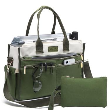 Imagem de Conjunto de bolsas de lona para mulheres, bolsas de ombro grandes, bolsa transversal para laptop, trabalho, professor, viagem universitária, 01 - bege e verde militar, Medium – Fits 14" Laptop