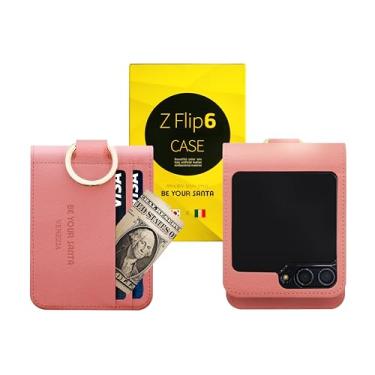 Imagem de [BeYourSanta] Capa compatível com Galaxy Z Flip 6 com porta-cartões, proteção para câmera e dobradiça - couro artificial italiano (rosa coral, Veneza (2 compartimentos))