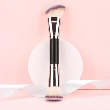 Imagem de 1 pincel de maquiagem de base - pincel de maquiagem corretivo de cabeça dupla, cabo longo tipo oblíquo ferramenta de maquiagem fácil de limpar (preto e dourado)