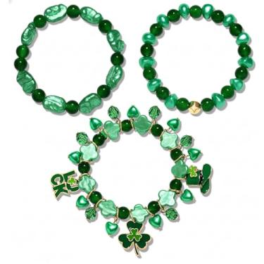 Imagem de zmzdp Conjunto de 3 pulseiras femininas do Dia de São Patrício com contas de trevo verde com glitter, máscara de bobo da corte, chapéu de bobo da corte, pulseiras de carnaval para desfile de carnaval