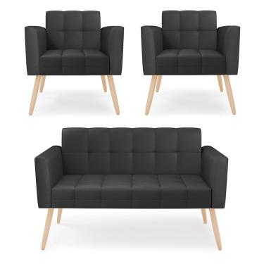 Imagem de Kit 1 Sofá Namoradeira e 2 Poltronas Elisa Corino Preto Pés Palito Natural D03 - D'Rossi