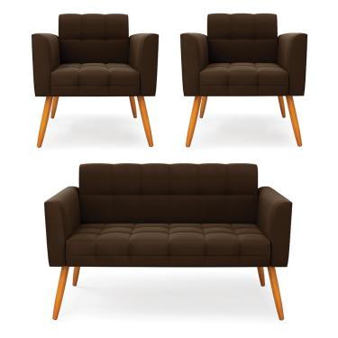 Imagem de Kit 1 Sofá Namoradeira e 2 Poltronas Elisa Suede Marrom Pés Palito Castanho D03 - D'Rossi